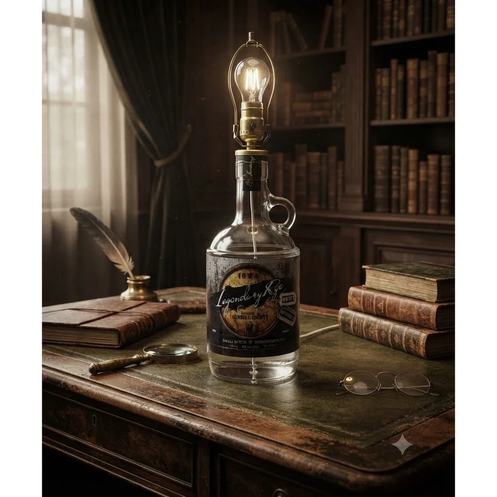 Iowa Legendary Rye Whiskey Bottle Lamp Rustic Table Decor 17in Tall White